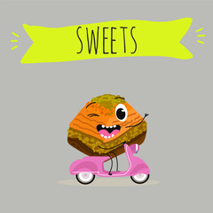 Funny Characters Turkish Traditional desserts pistachio baklava, hand drawn vector illustration.