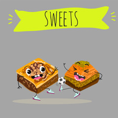 Funny Characters Turkish Traditional desserts pistachio baklava, hand drawn vector illustration.