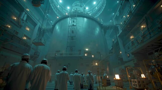 Wide cinematic view of a cathedral-like reactor containment hall, where scientists observe a glowing reactor core from a safe distance, emphasizing scale, control, and advanced nuclear research.
