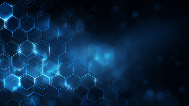 Abstract blue hexagonal pattern with glowing effects, ideal for modern design and technology backgrounds.