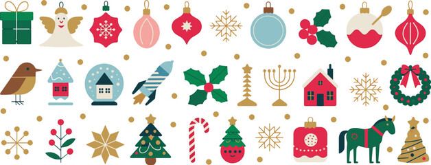 Pixel Art Christmas and Hanukkah Vector Icons Set Collection