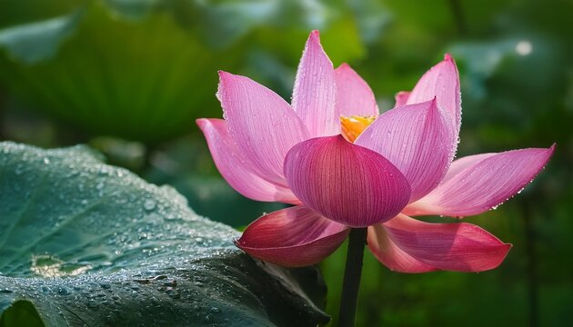 a stunning pink lotus flower in full bloom glistening with raindrops stands out against a backdrop of lush green leaves in a tranquil garden