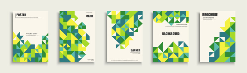 Fototapeta premium Collection of bright color green posters with abstract geometric shapes. Vector modern placards, brochures, banners, backgrounds, cards. Business corporate unusual covers. Decorative mosaic print