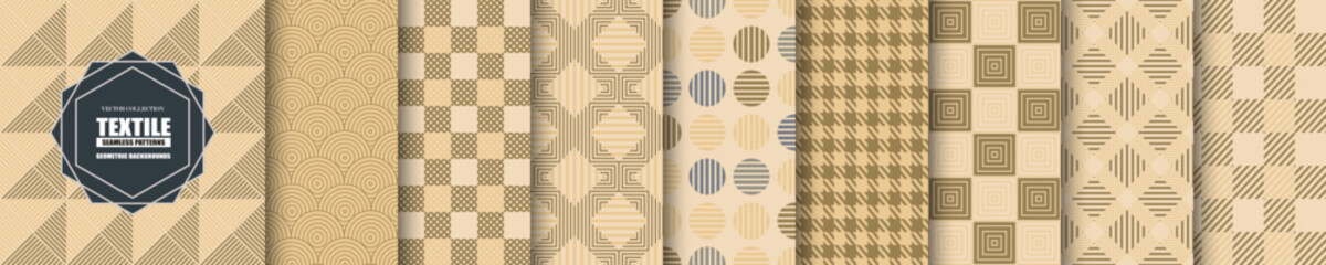 Collection of seamless decorative fabric patterns - geometric ornamental. Repeatable beige and brown elegant backgrounds. Striped cloth textures. Symmetry endless textile prints