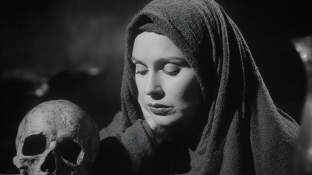 Woman in hooded cloak rests head on hand beside skull in contemplative sequence. Dramatic introspection on mortality through subtle expression changes from closed to open eyes.