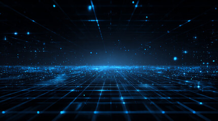 Abstract digital landscape with glowing blue lights and grid pattern, representing futuristic technology and innovation.