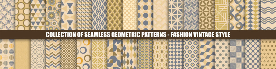 Collection of vector seamless colorful vintage patterns. Trendy stylish backgrounds in fashion retro style. Simple unusual textile creative prints
