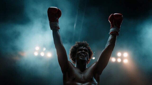 Victorious boxer stands proud with shining muscles under smoky