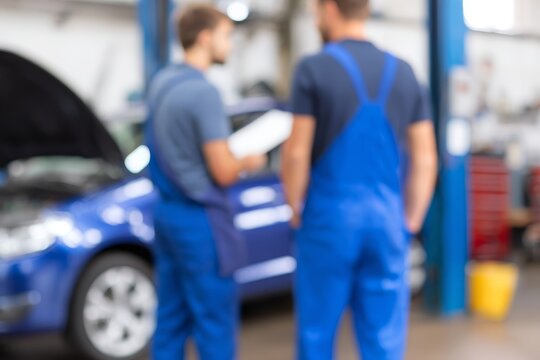 Two mechanics discussing car repairs in auto workshop, defocused backdrop, copy space for text - Powered by Adobe