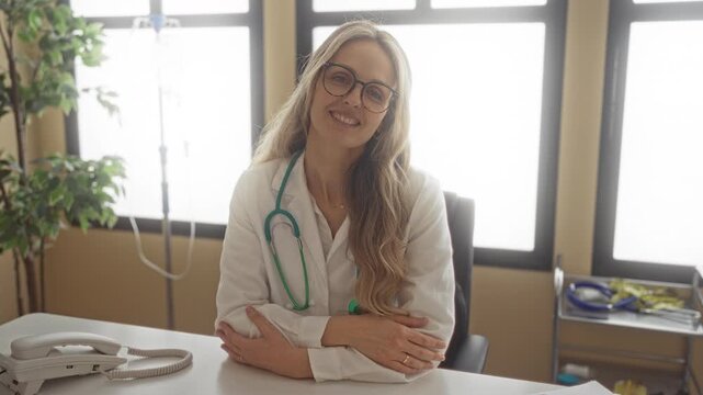 Woman doctor with stethoscope smiling in a clinic room with bright windows and medical equipment, showcasing a professional healthcare setting indoors.