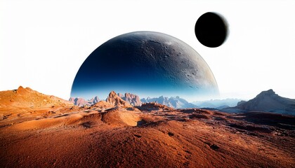 an alien landscape with a large planet and a smaller moon in the sky isolated on white background evoking a sense of wonder