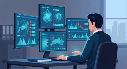 Asian male analyst reviewing data on multiple monitors in modern office at dusk