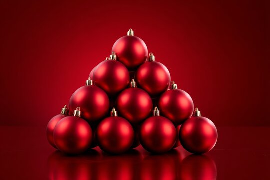Pyramid of red christmas ornaments against deep red background