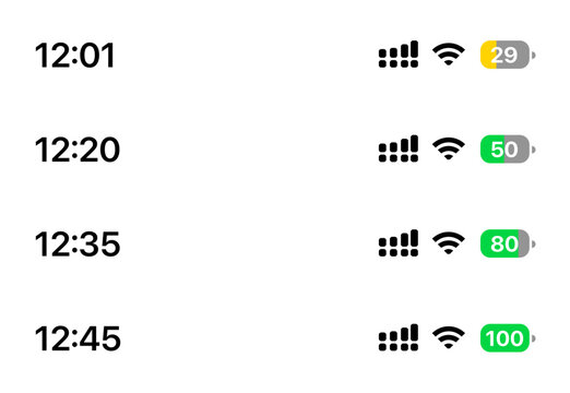 Charging phone battery status bar vector showing battery level, charging icon, modern minimal interface for iOS, Android, app mockups, and mobile design projects.
