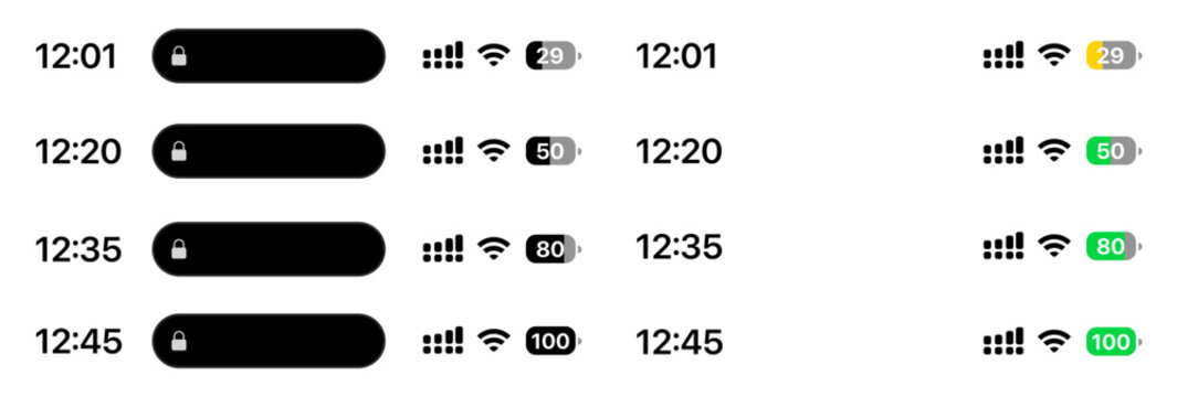 Charging phone battery status bar vector showing battery level, charging icon, modern minimal interface for iOS, Android, app mockups, and mobile design projects.