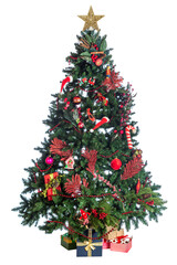 Decorated Christmas tree with presents isolated on white background. Home interior with decorated Christmas tree and gift boxes under it for the New Year celebration