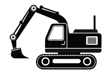 Black excavator icon stands out with its powerful machinery and robust construction details