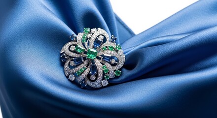 Elegant brooch with green and blue gemstones on silk fabric background  