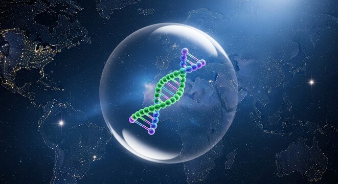 Dna strand encapsulated in glass sphere floating over earth at night
