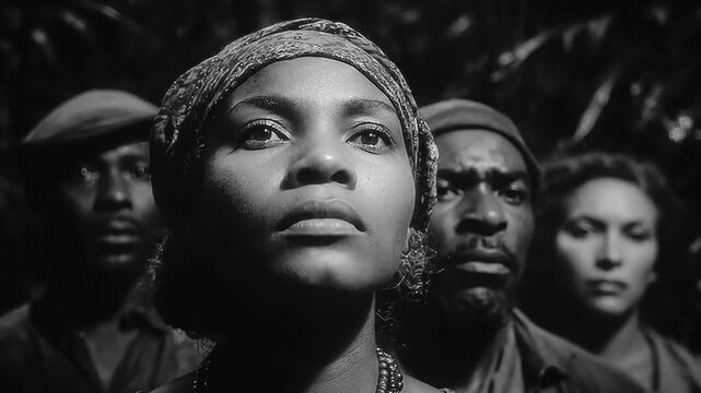 African American women and men looking upward in attentive group. Historical civil rights assembly with diverse black participants. Vintage community unity and empowerment scene