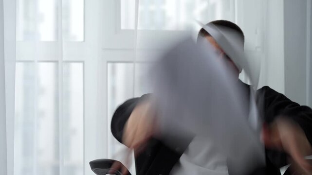 Stress and fatigue at work.
A man experiences a nervous breakdown due to fatigue and lack of days off.
Office work and a man's negative emotions.
Problems at work.
Deadlines, stress, mood, office