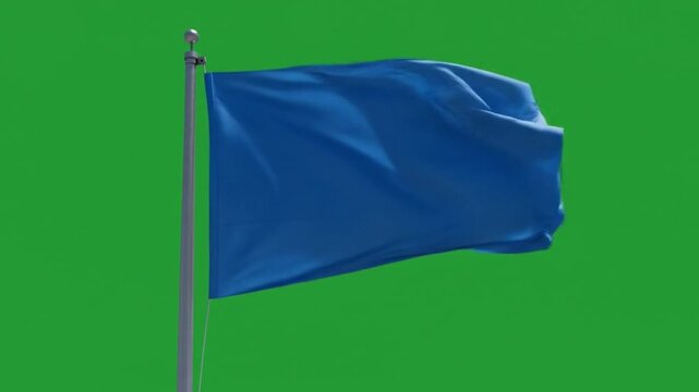 Blue flag on flagpole waving 4k footage and green screen as the background