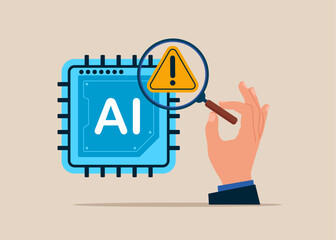 Hand holding and looking through a magnifying glass on artificial Intelligence chip and investigate incident with exclamation attention sign. Identify risk Ai or critical failure concept. Vector