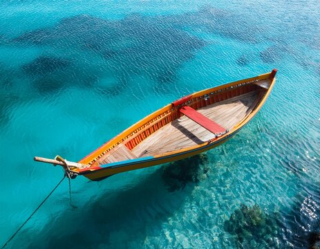 colorful rustic wooden boat in serene turquoise waters top view showcasing minimalist design and tranquil aesthetics for peaceful imagery
