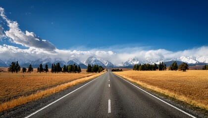 a long road stretches towards snowcapped mountains under a cloudy sky leading through a golden field with scattered trees and blue sky