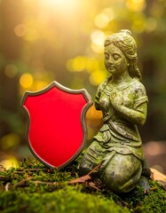 Guardian Angel Statue with Red Shield in Forest Setting.