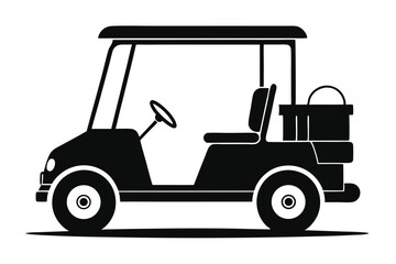 Black vehicle silhouette shows simple golf cart profile with bucket on the back
