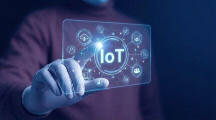 Man touching holographic IoT interface screen. Digital global network. Future internet of things with connection technology for smart device.