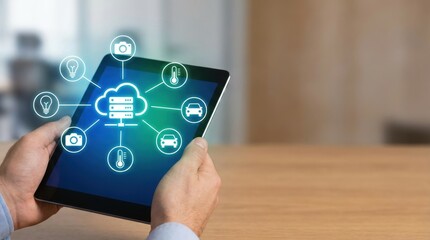 Man holding digital tablet with internet of things icons connected to cloud server. Smart home and connected device concept for modern technology.