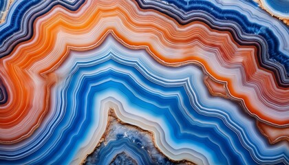 blue and orange agate slice with wavy patterns creating an abstract mineral background showcasing rich textures and vibrant colors