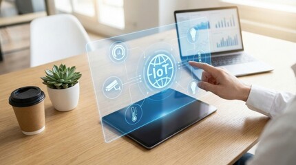 Man finger touching virtual screen with internet of things (iot) icon on tablet. Smart home connected device management and automation concept.