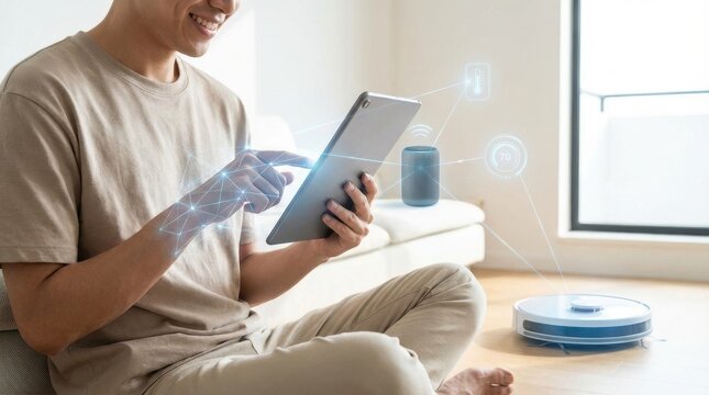 Person operating smart home with tablet and IoT devices. Smart home management concept with man interacting with robotic vacuum and speaker. - Powered by Adobe