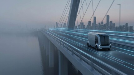 Fototapeta premium Autonomous delivery truck moving on a modern bridge with glowing data lines, illustrating intelligent transportation and iot concept for future logistics.