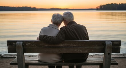 Elderly Couple Sitting on Wooden Bench Enjoying a Peaceful Sunset by the Lakeside