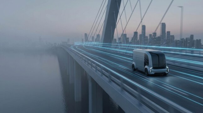 Autonomous delivery truck moving on a modern bridge with glowing data lines, illustrating intelligent transportation and iot concept for future logistics.