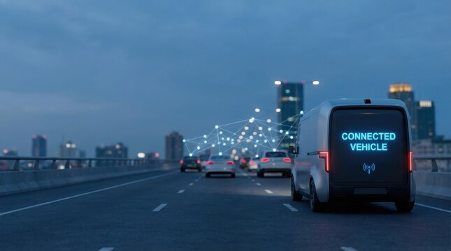 Connected vehicle driving on a city bridge with digital network overlay. IoT transport telematics concept for autonomous driving future.