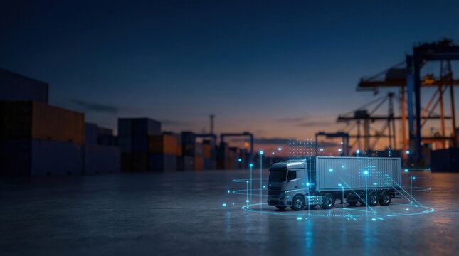Truck with digital data overlay at a port. Internet of things (IoT) for smart logistics and transportation optimization. Future technology concept. - Powered by Adobe