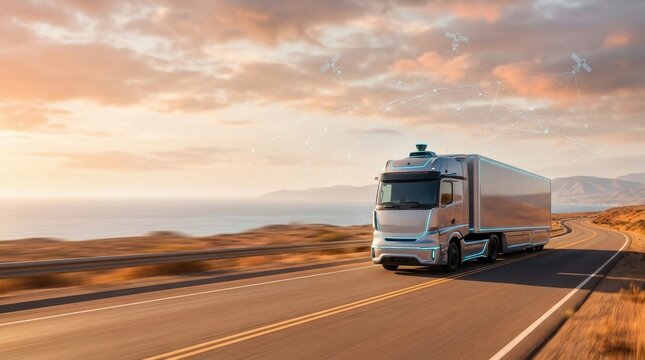 Automated truck driving on a coastal road with iot connectivity providing real-time data for smart logistics and future transportation concepts. - Powered by Adobe
