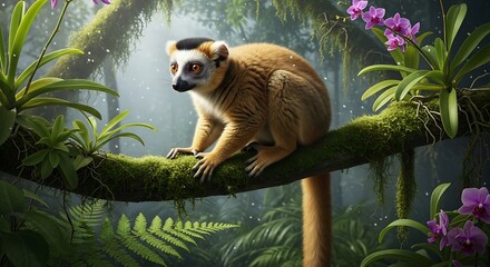 Obraz premium Crowned Sifaka Lemur Perched on Branch in Lush Rainforest.