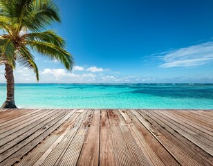 tropical paradise with wooden deck overlooking turquoise ocean and palm trees swaying in the breeze under a bright sunny sky creating a serene summer scene