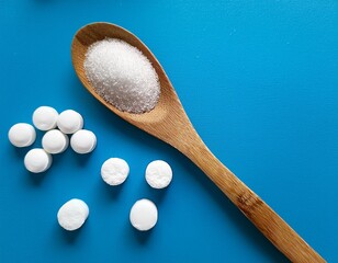 selection of sweeteners with white tablets and sugar in a spoon on a blue background positioned diagonally ideal for diabetics and sugar substitutes