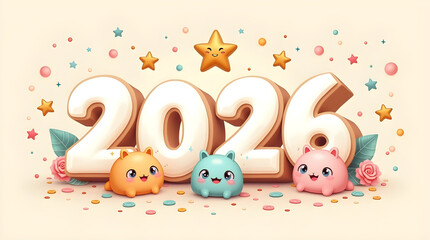 Cute Cartoon Happy New Year 2026 Poster