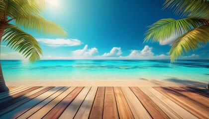 idyllic tropical beach scene with wooden deck turquoise ocean and palm trees under a bright sunny sky perfect for a relaxing summer vacation getaway