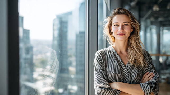 Confident businesswoman standing in modern office with city view, promoting professionalism and success.