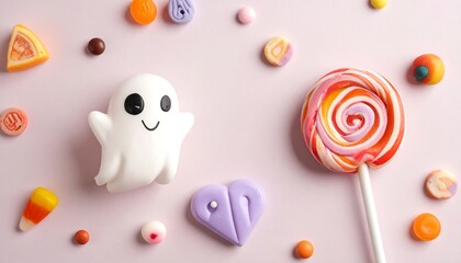 Halloween Candy Still Life with Ghost and Lollipop.