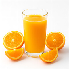Fresh orange juice with sliced oranges on white background